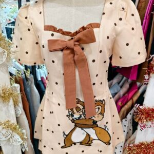 ชุดเซ็ตเดรส + กางเกง ลายจุด สีครีม